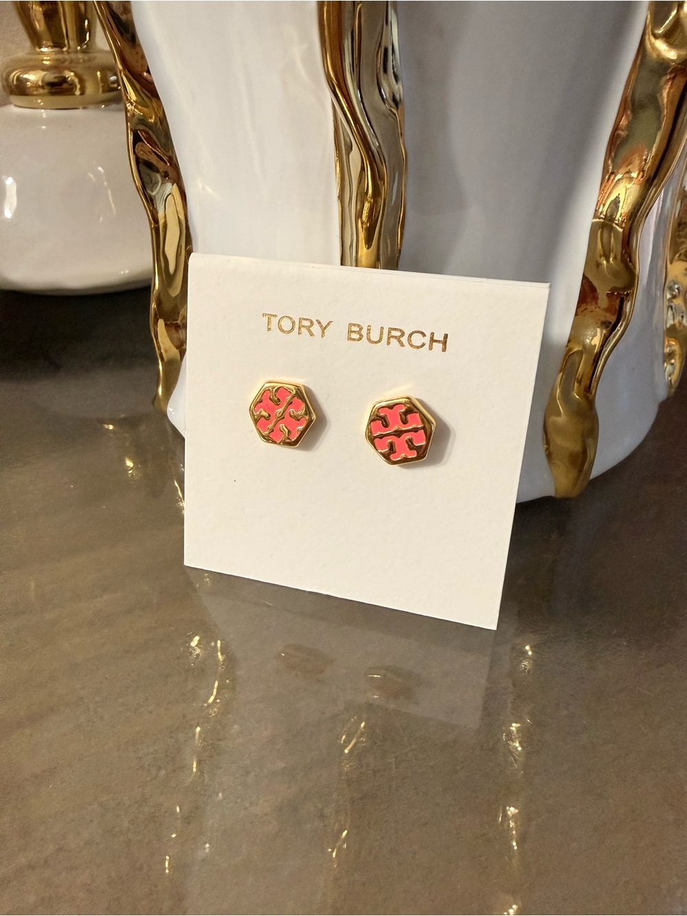Tory Burch Coral Pink Enamel Logo Hex Stud Earrings